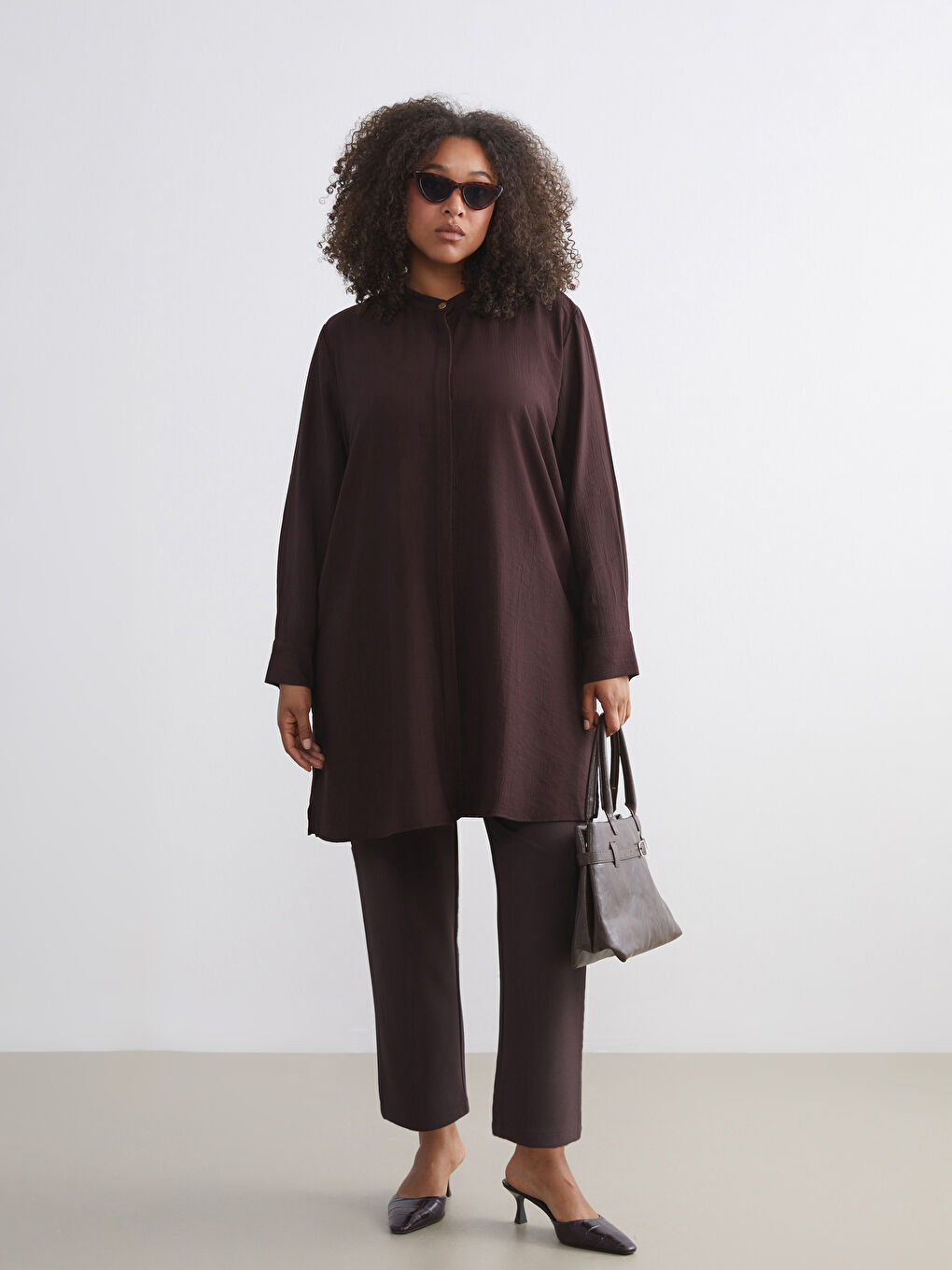 Kahverengi Hakim Yaka Kadın Gömlek Tunik-5