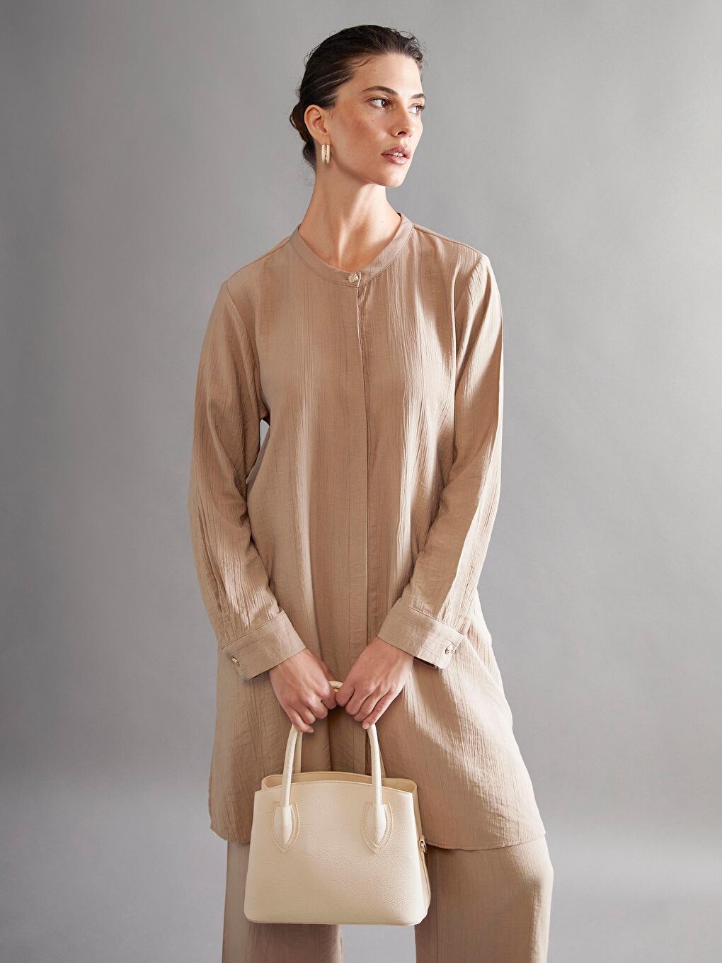 Kahverengi Hakim Yaka Kadın Gömlek Tunik