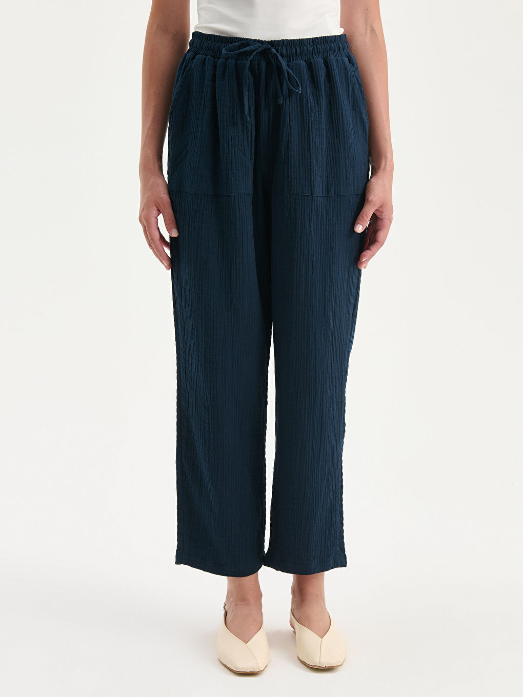 Lacivert Beli Lastikli Dokulu Kadın Pantolon-2