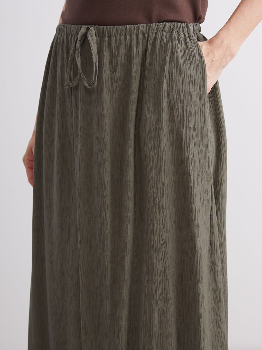 Haki Beli Lastikli Dokulu Kloş Etek-2