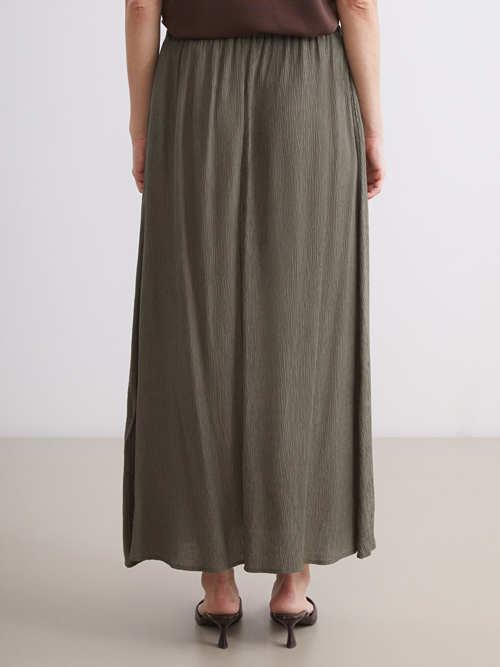 Haki Beli Lastikli Dokulu Kloş Etek-3