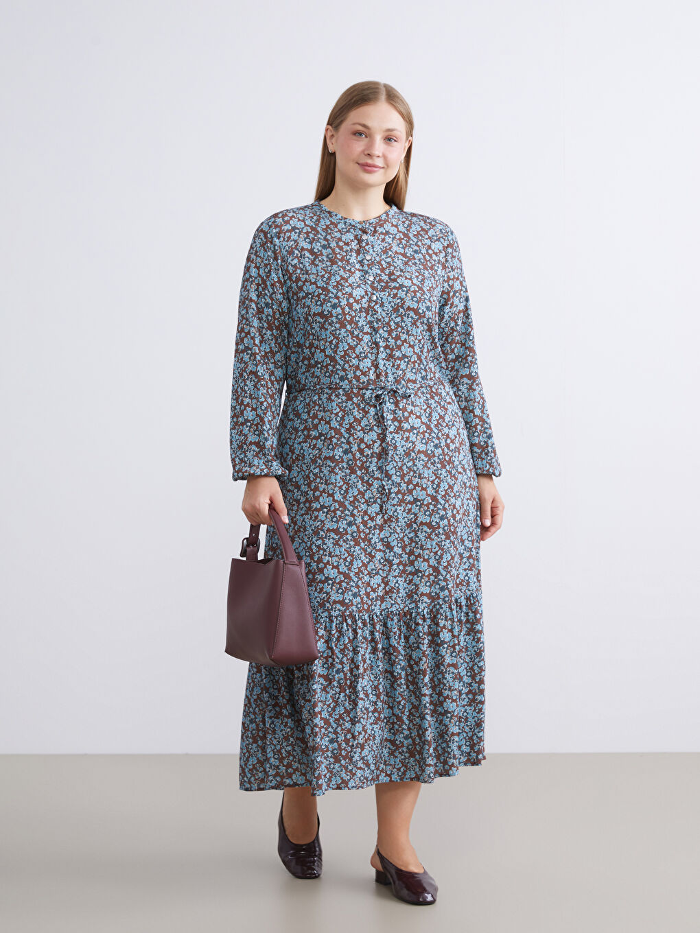 Mavi Bisiklet Yaka Çiçekli Pileli Elbise-1