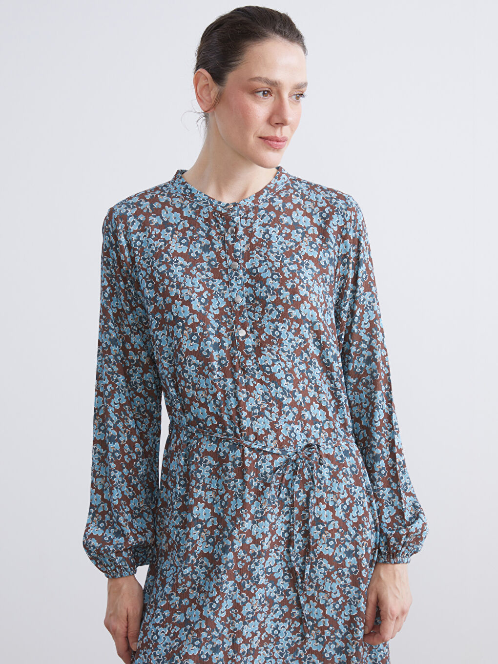 Mavi Bisiklet Yaka Çiçekli Pileli Elbise-2