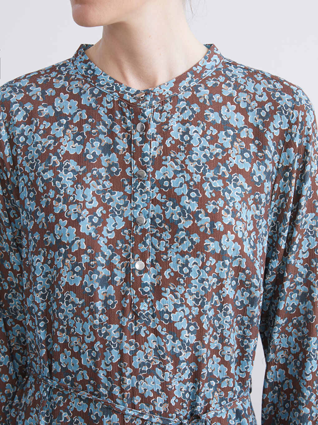 Mavi Bisiklet Yaka Çiçekli Pileli Elbise-3