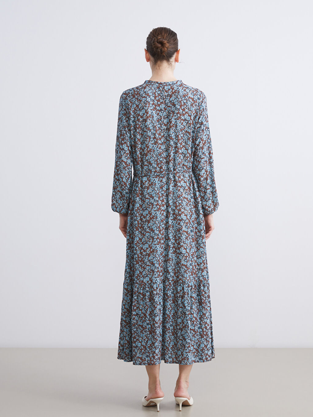 Mavi Bisiklet Yaka Çiçekli Pileli Elbise-4