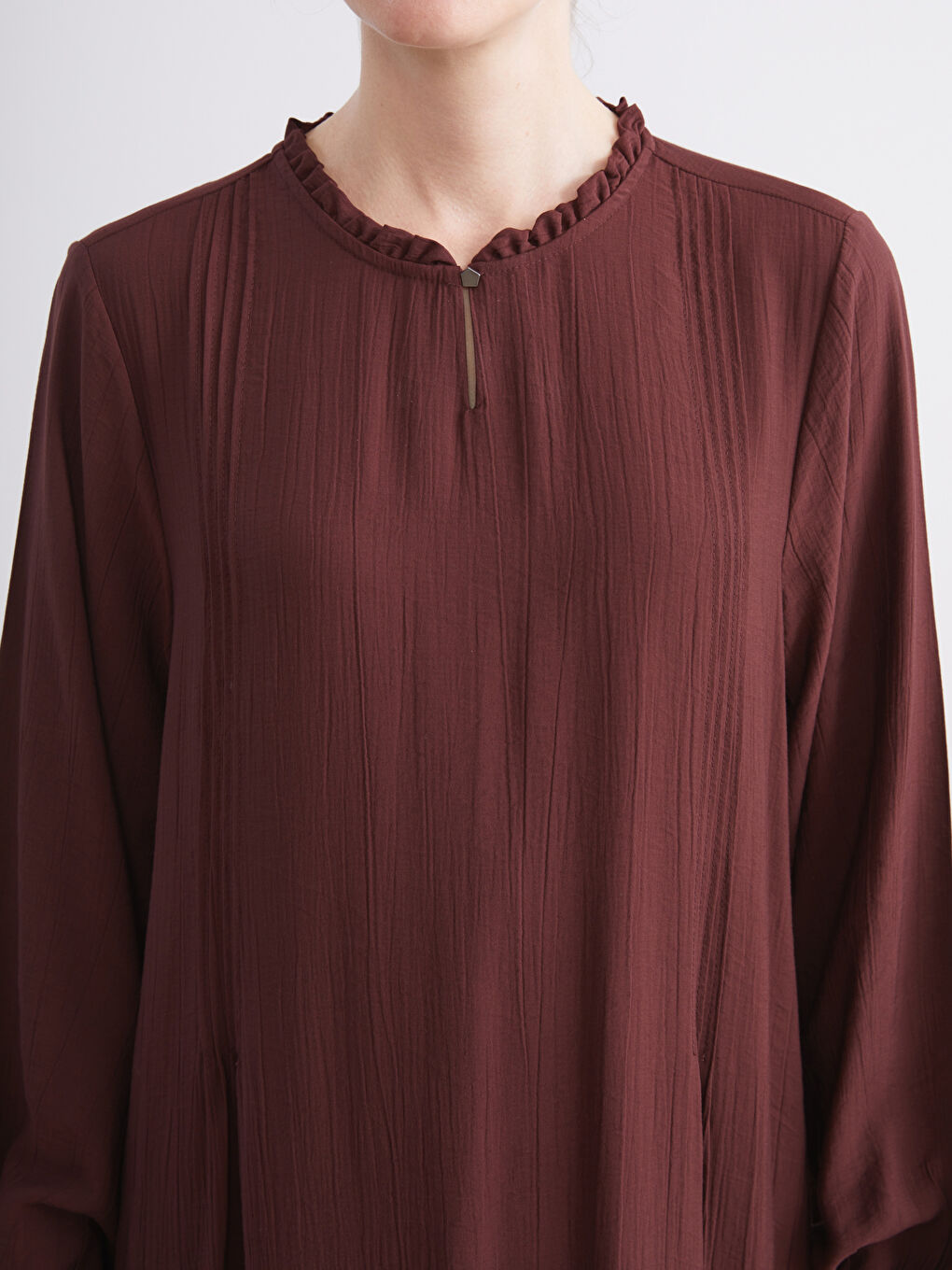 Kahverengi Fırfırlı Bisiklet Yaka Dokulu Elbise-2