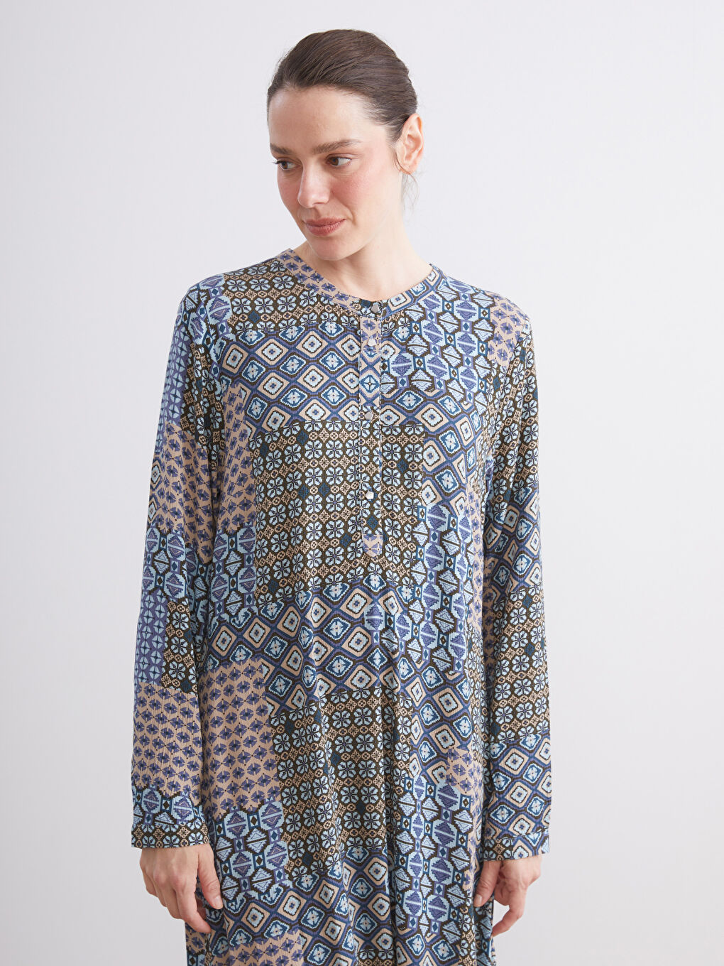 Petrol Bisiklet Yaka Desenli Elbise-1