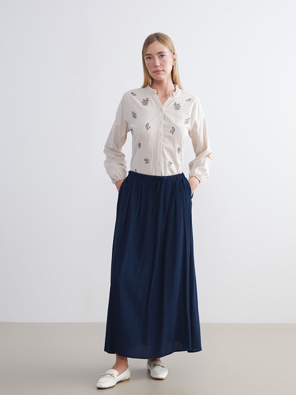 Lacivert Beli Lastikli Dokulu Kloş Etek