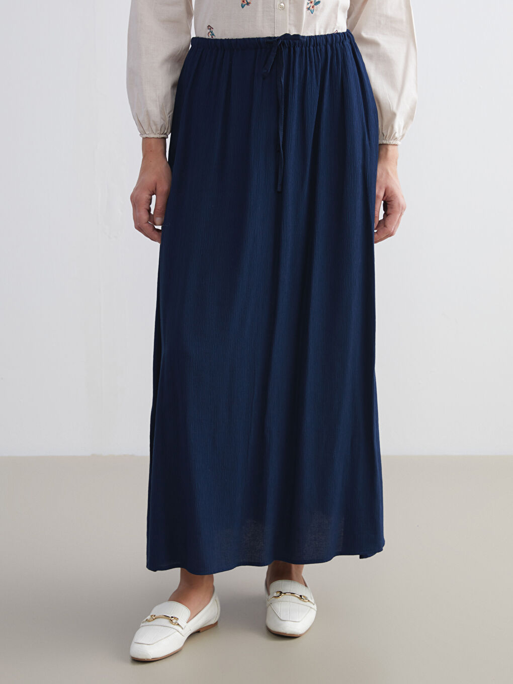 Lacivert Beli Lastikli Dokulu Kloş Etek-1