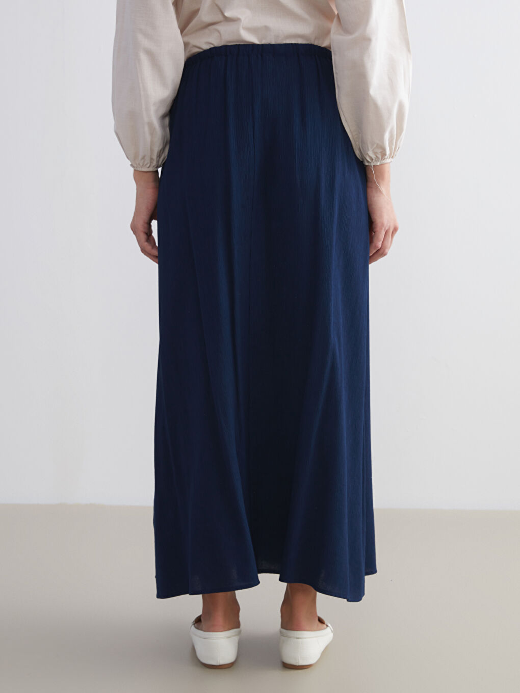 Lacivert Beli Lastikli Dokulu Kloş Etek-3