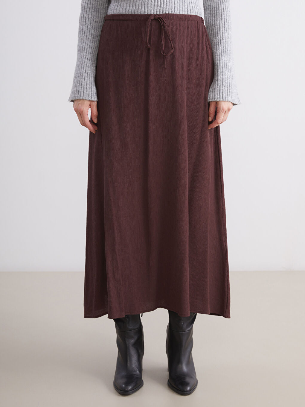 Kahverengi Beli Lastikli Dokulu Kloş Etek-1