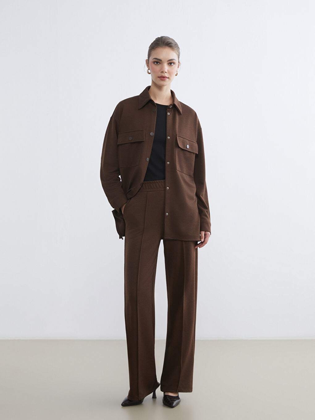 Kahverengi Oversize Kadın Gömlek Tunik-1