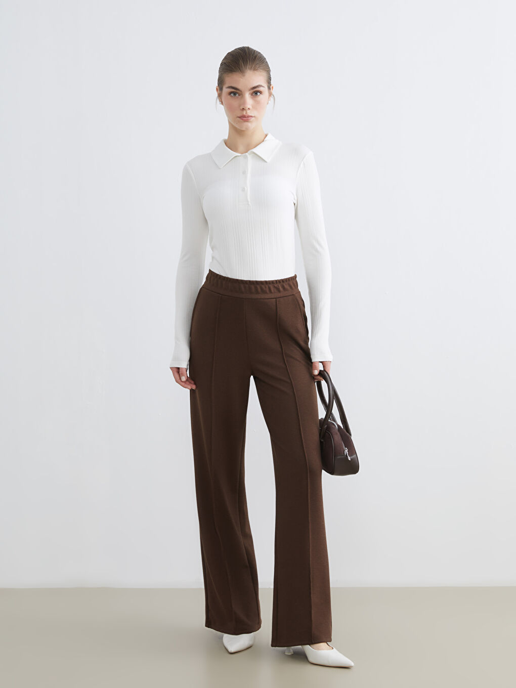 Kahverengi Beli Lastikli Geniş Paça Kadın Pantolon-1