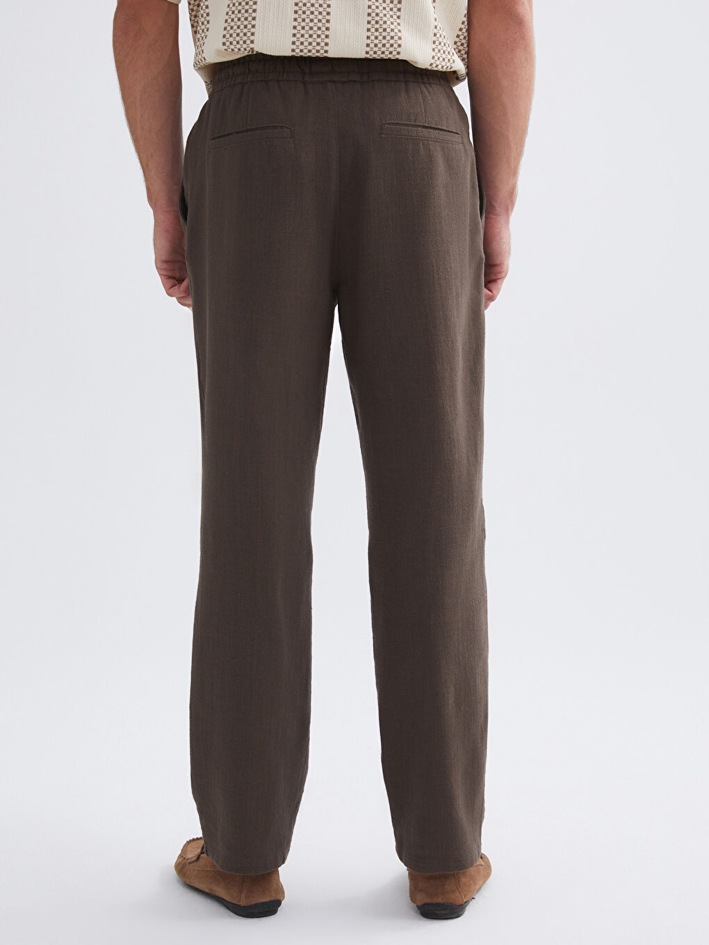 Kahverengi Standart Kalıp Keten Görünümlü Erkek Pantolon-3