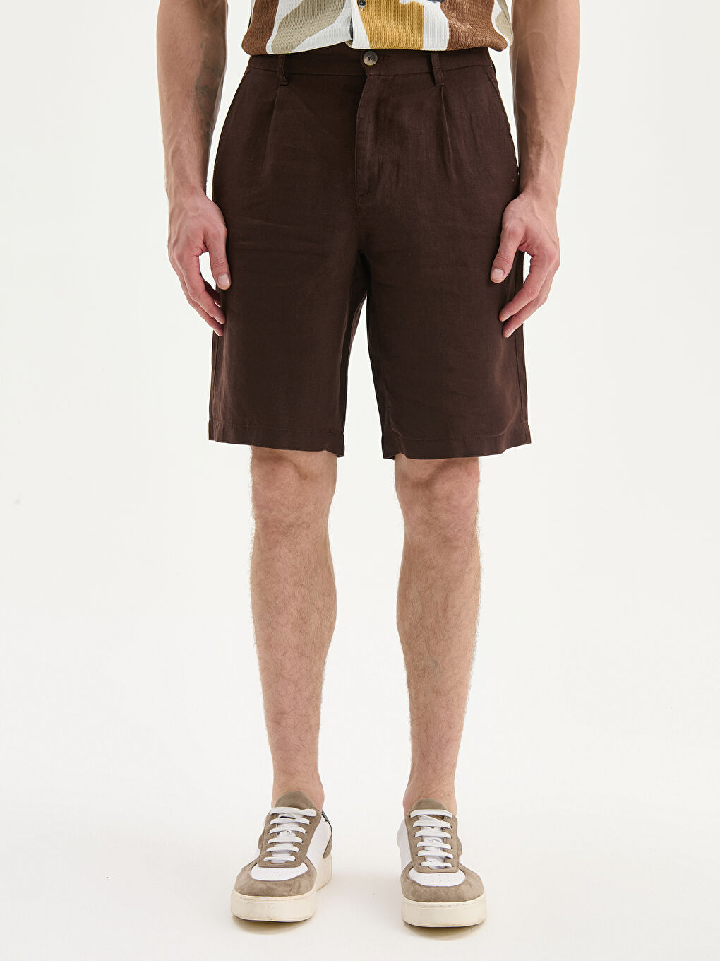 Mürdüm Standart Kalıp %100 Keten Erkek Şort-1