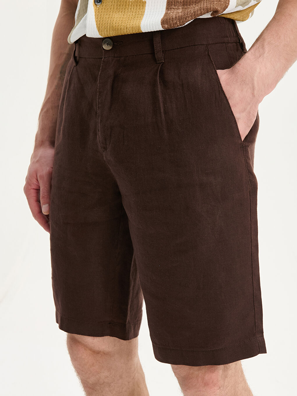 Mürdüm Standart Kalıp %100 Keten Erkek Şort-2