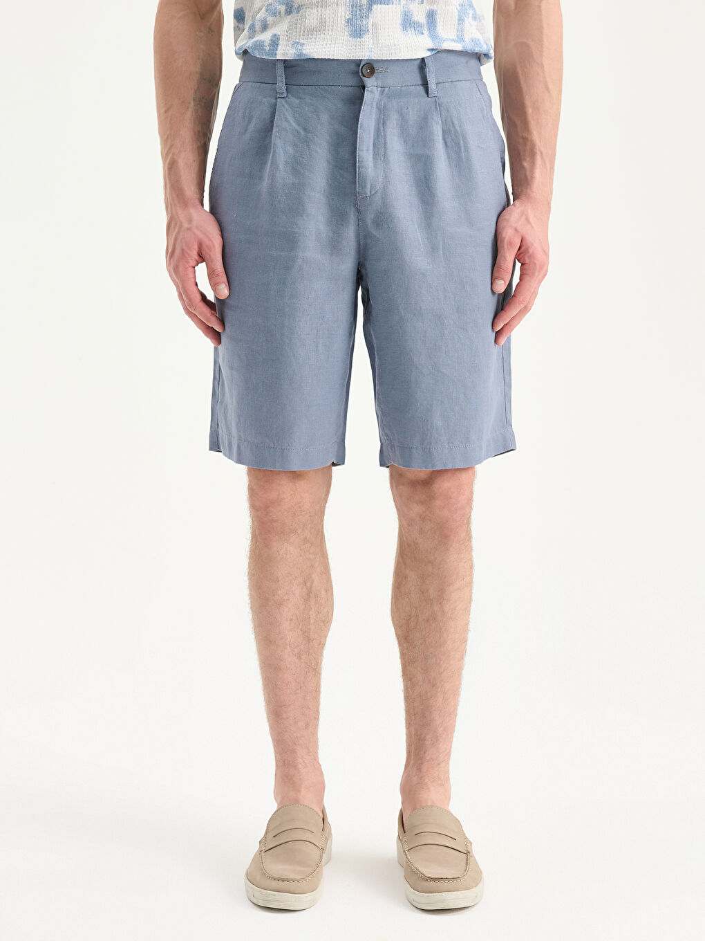 Mavi Standart Kalıp %100 Keten Erkek Şort-1