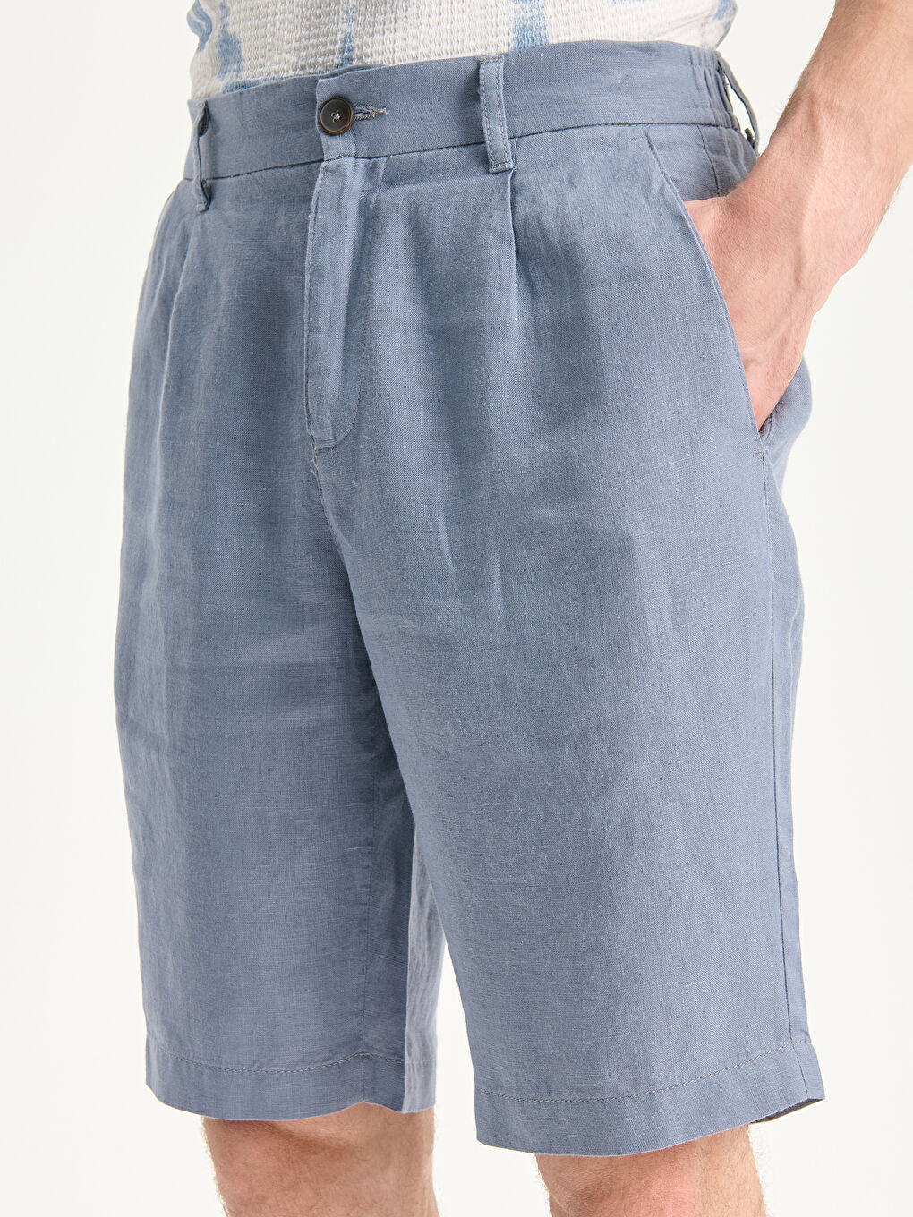 Mavi Standart Kalıp %100 Keten Erkek Şort-2