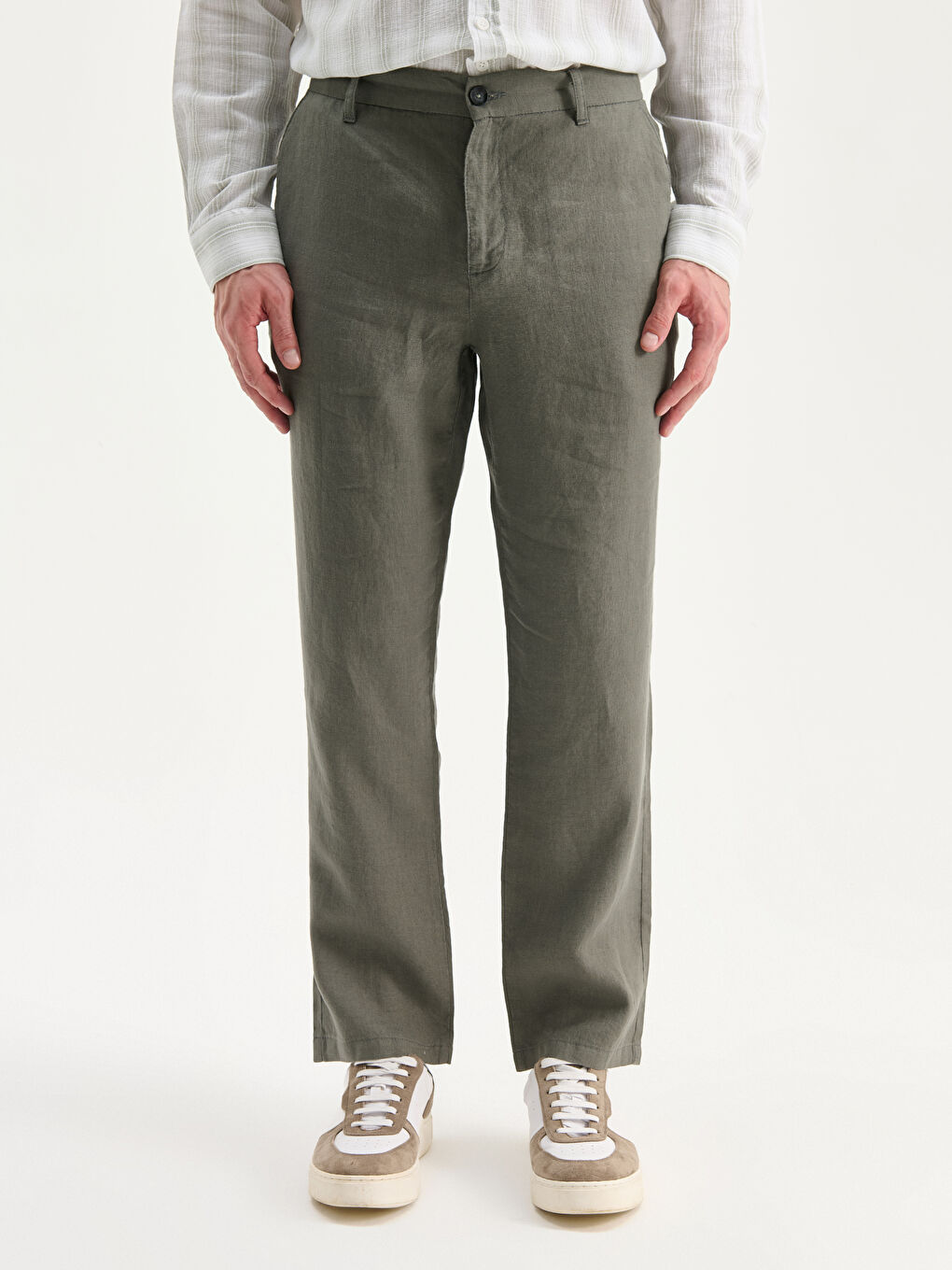 Haki Standart Kalıp Keten Erkek Pantolon-1
