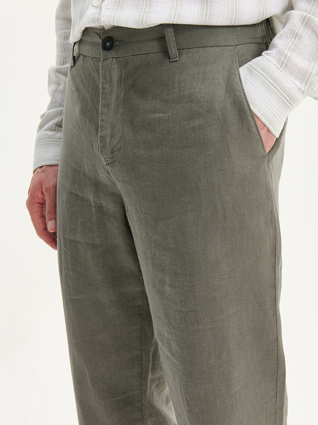 Haki Standart Kalıp Keten Erkek Pantolon-2