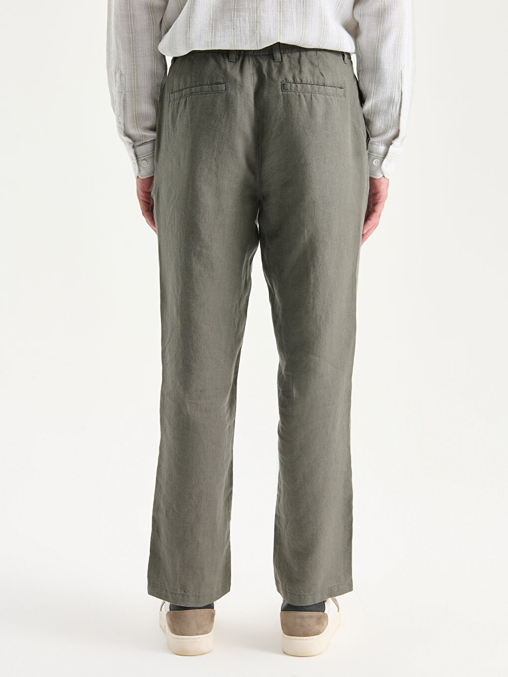 Haki Standart Kalıp Keten Erkek Pantolon-3