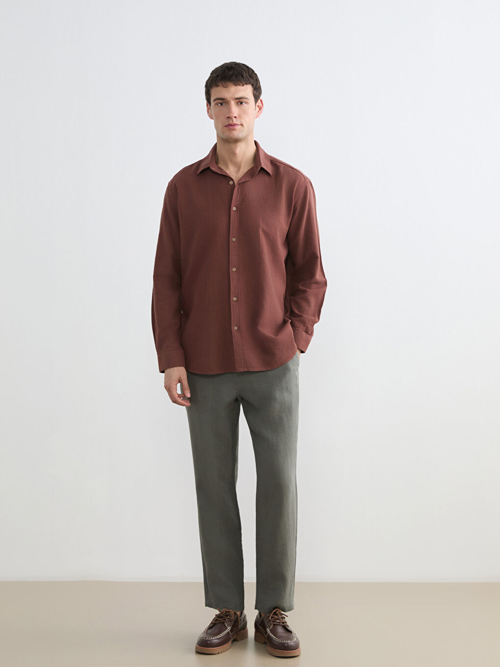 Haki Standart Kalıp Keten Erkek Pantolon-1