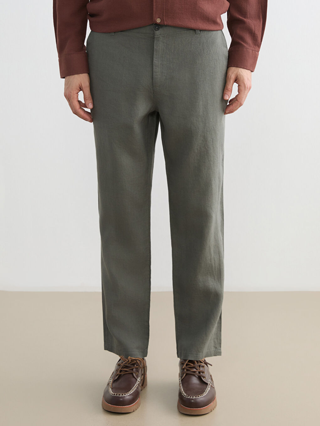 Haki Standart Kalıp Keten Erkek Pantolon-2