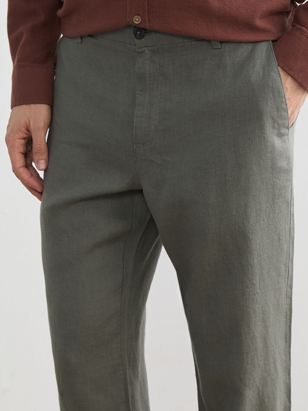 Haki Standart Kalıp Keten Erkek Pantolon-4