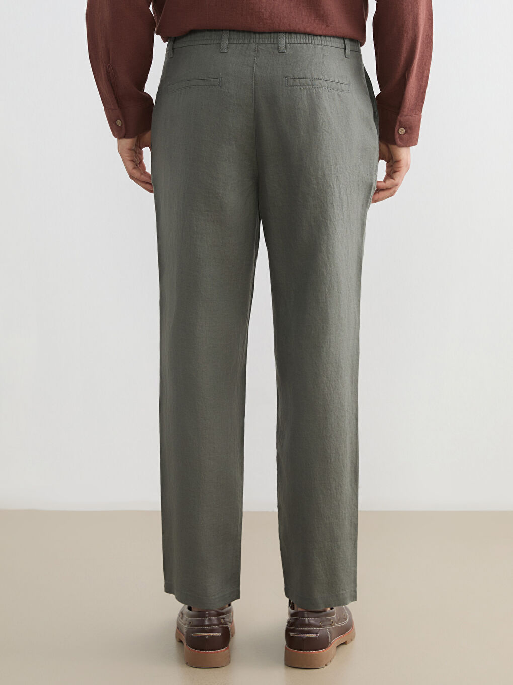 Haki Standart Kalıp Keten Erkek Pantolon-6