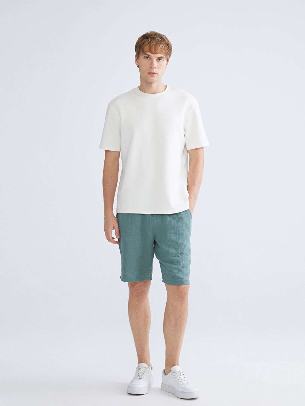 Petrol Standart Kalıp Müslin Erkek Şort