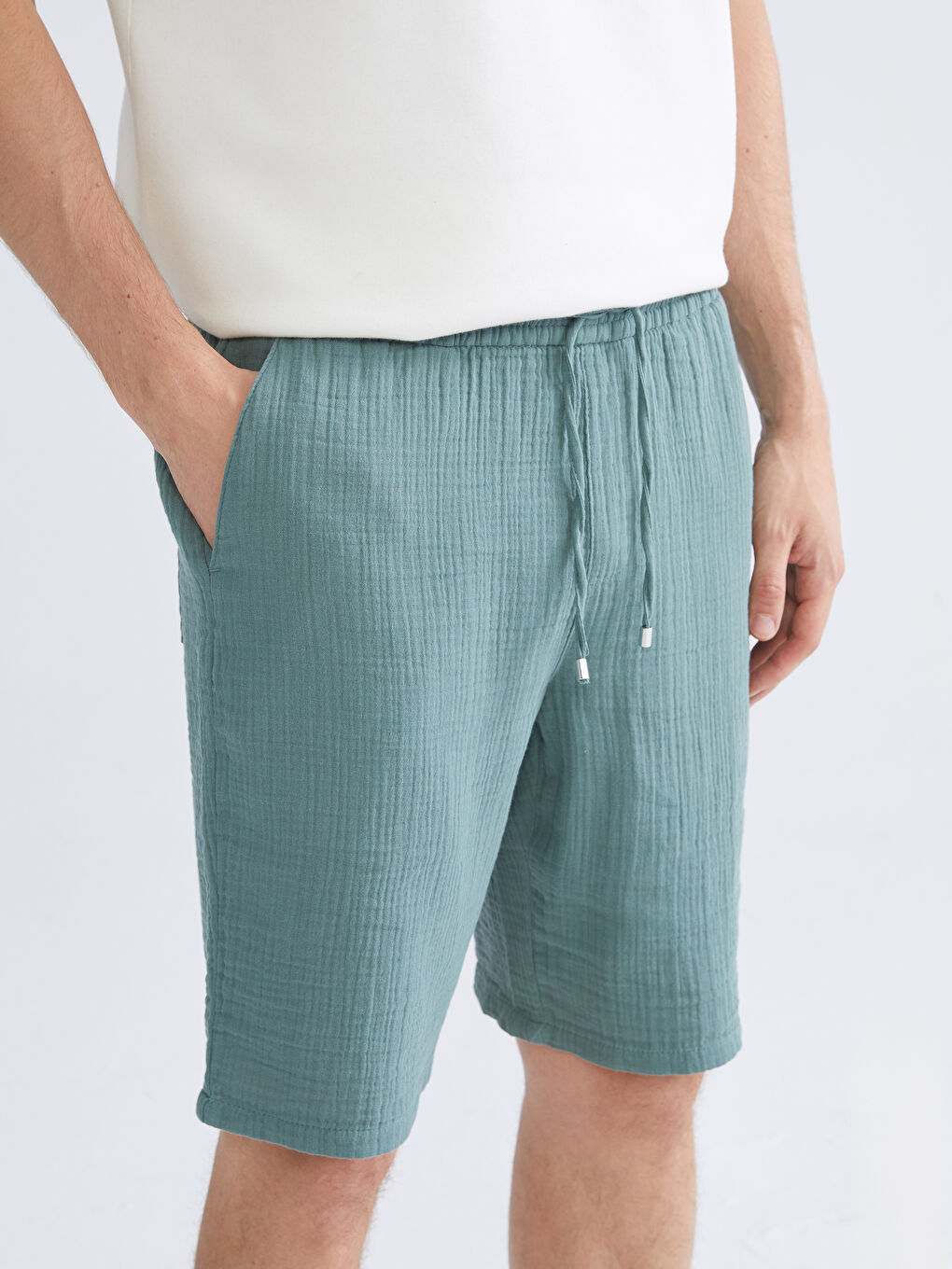 Petrol Standart Kalıp Müslin Erkek Şort-2