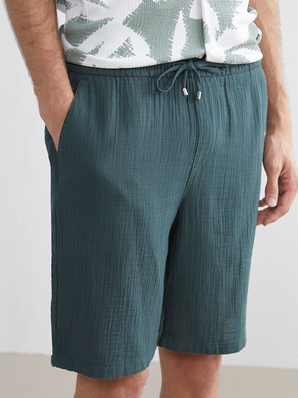 Yeşil Standart Kalıp Müslin Erkek Şort-2