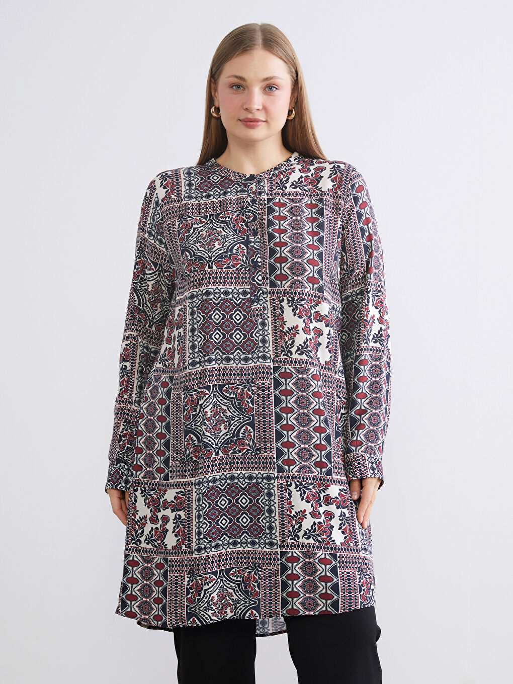 Bordo Bisiklet Yaka Etnik Desenli Kadın Tunik-1