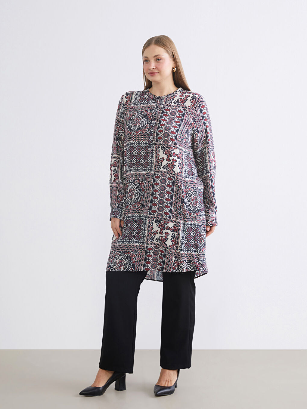 Bordo Bisiklet Yaka Etnik Desenli Kadın Tunik-5