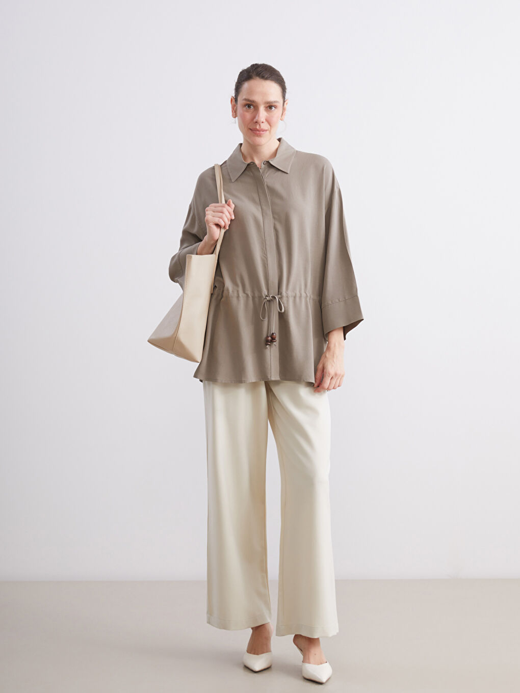 Bej Keten Karışımlı Kadın Gömlek-2