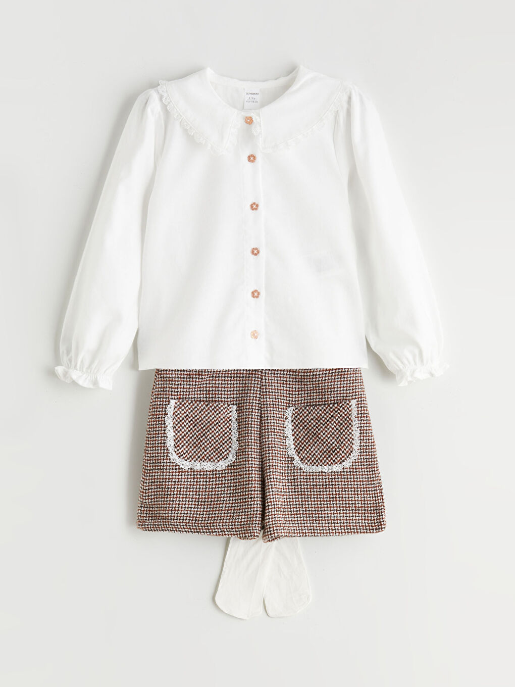 Ekru Kız Bebek Bebe Yaka Gömlek, Şort ve Külotlu Çorap