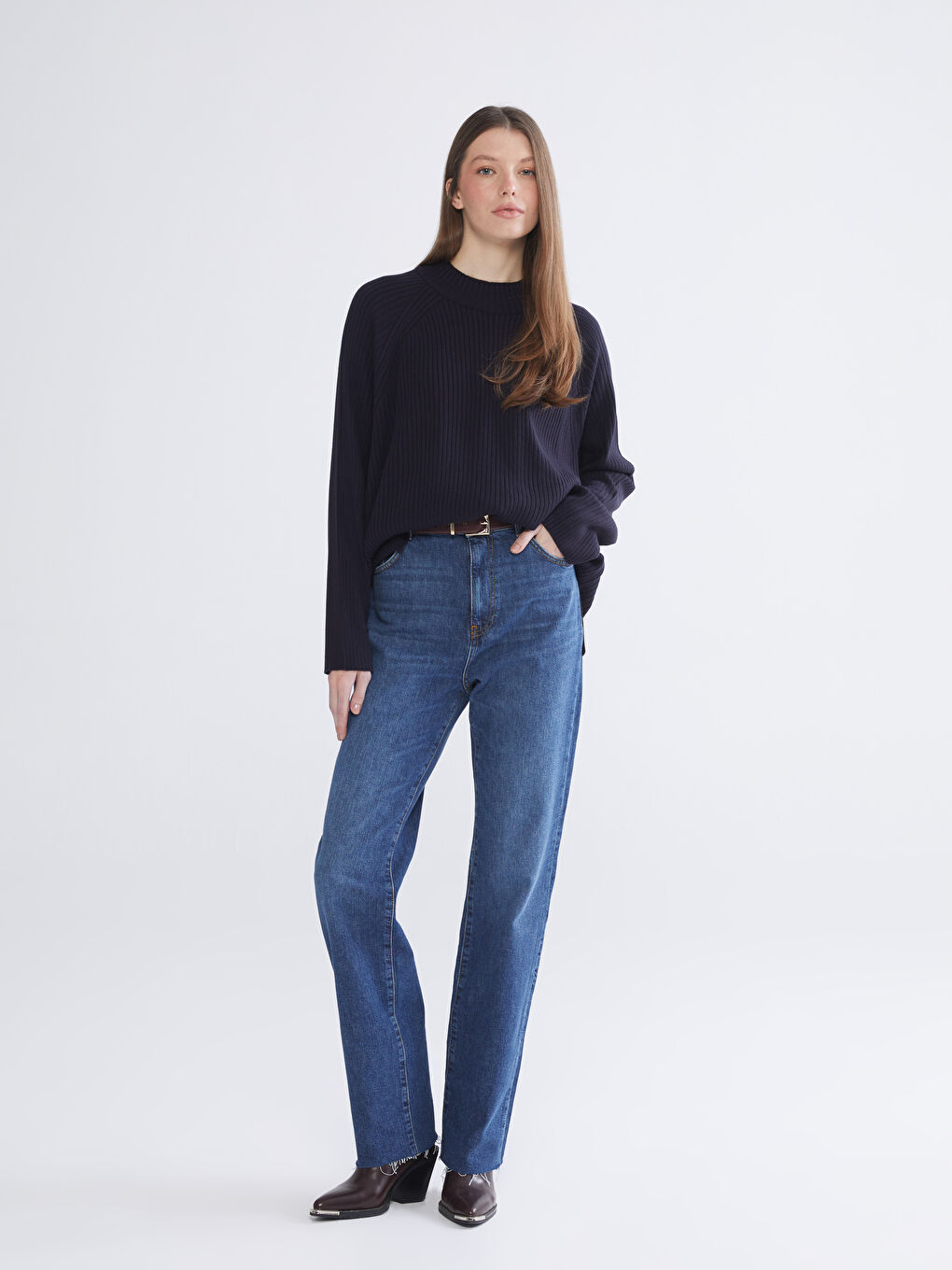 Lacivert Bisiklet Yaka Oversize Kadın Triko Kazak-1