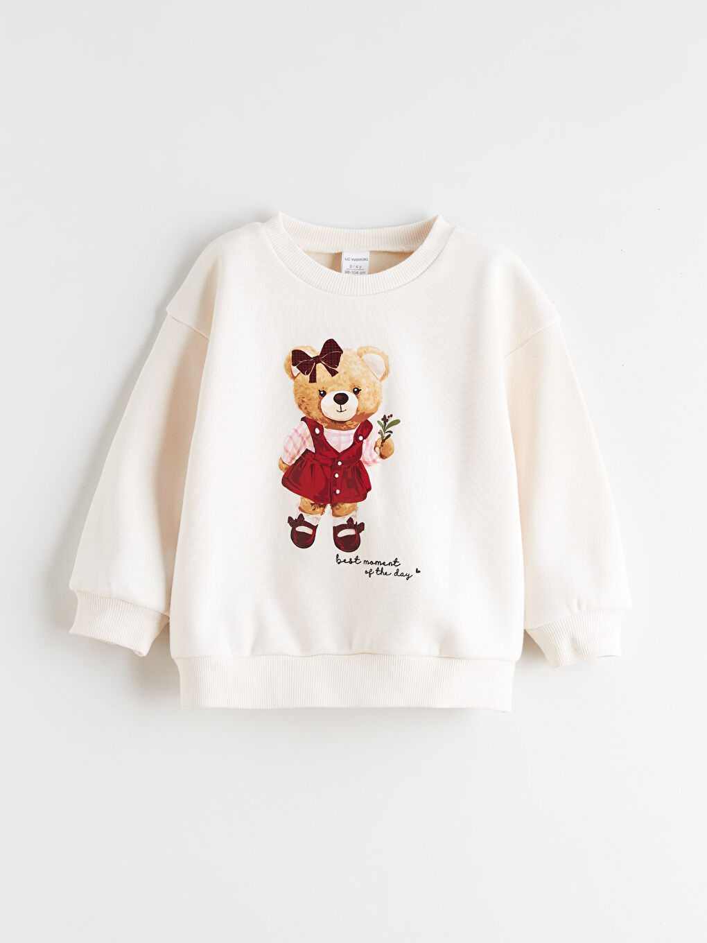 Ekru Ayı Teddy Baskılı Kız Çocuk Kalın Sweatshirt