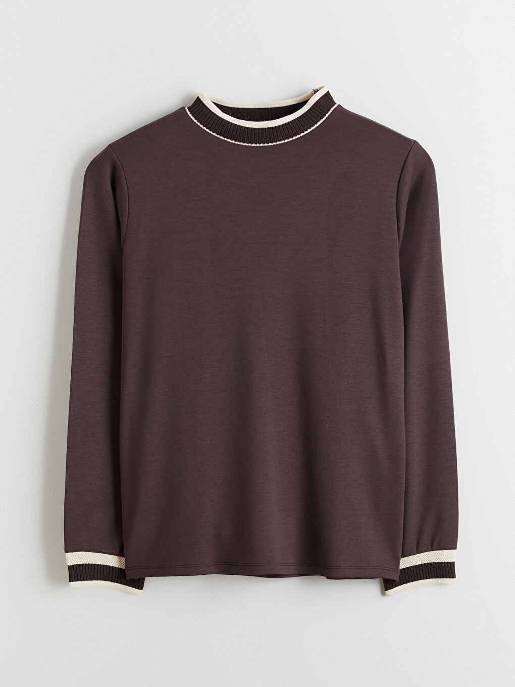 Kahverengi Dik Yaka Şerit Detaylı Kadın Sweatshirt Tunik-4