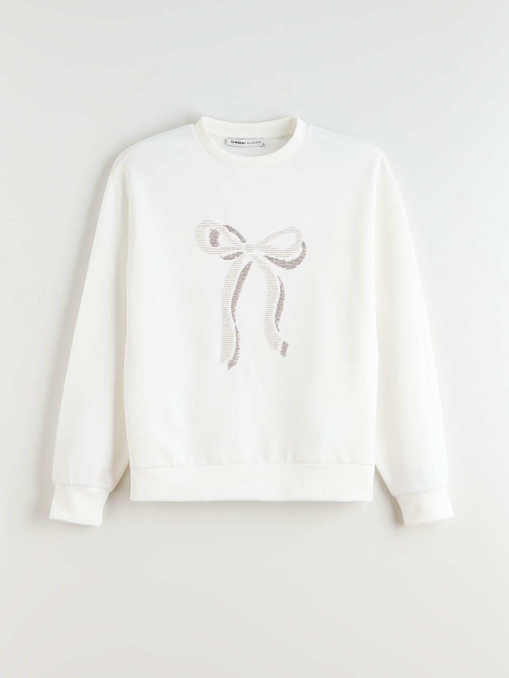 Ekru Dik Yaka Kurdele Baskılı Kadın Sweatshirt-4