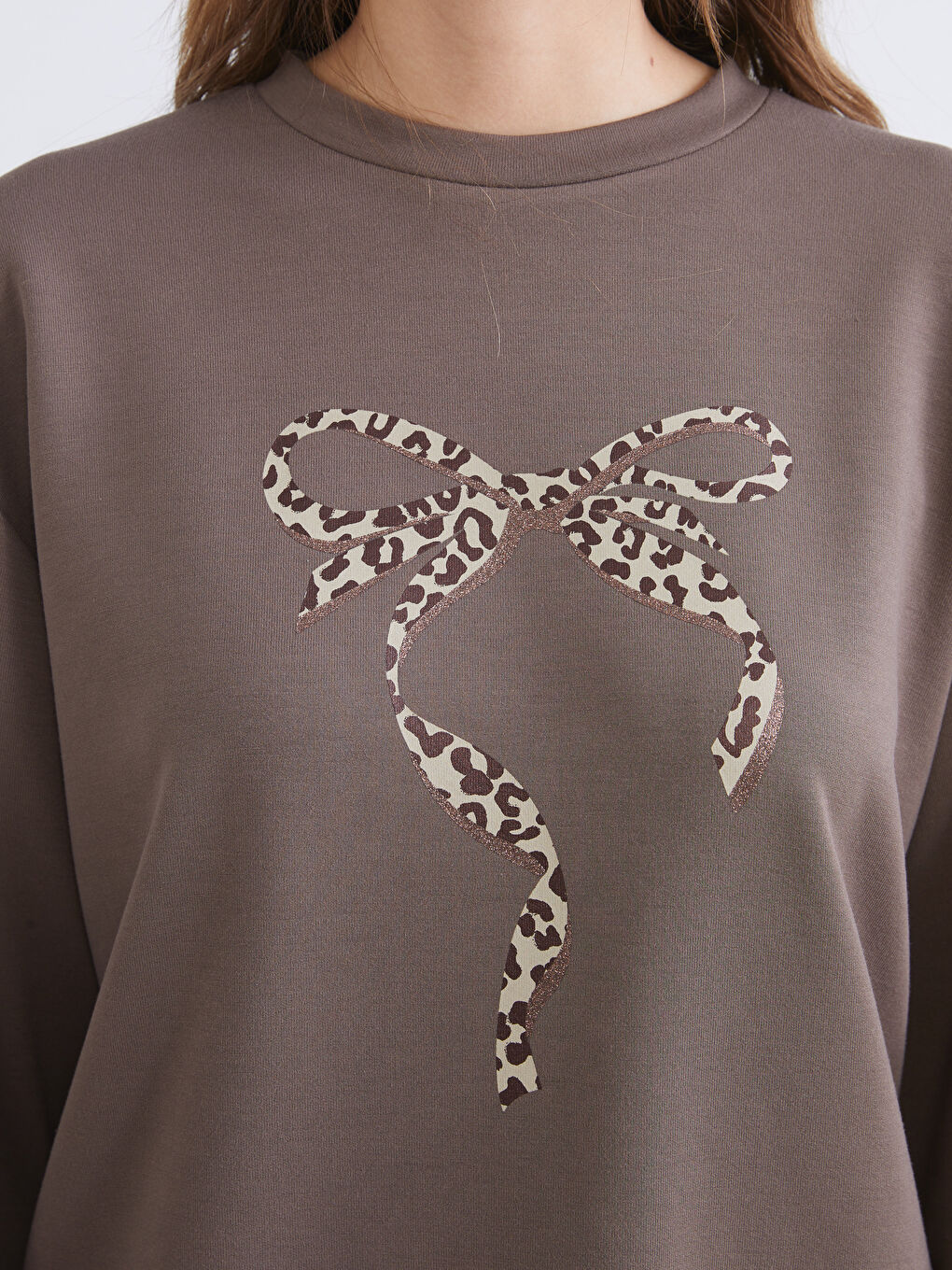 Kahverengi Bisiklet Yaka Baskılı Oversize Kadın Sweatshirt-2