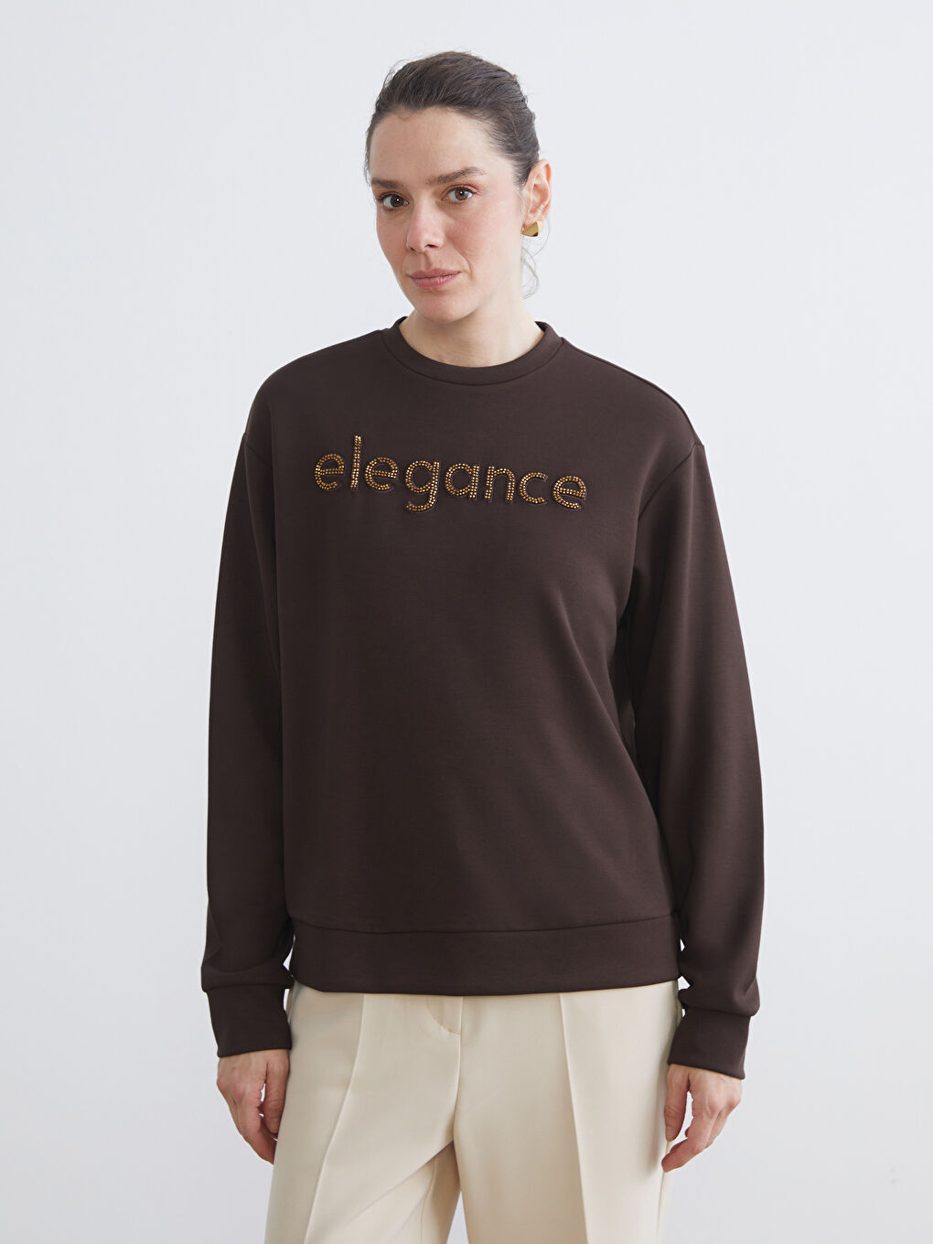 Kahverengi Bisiklet Yaka Taşlı Kadın Sweatshirt