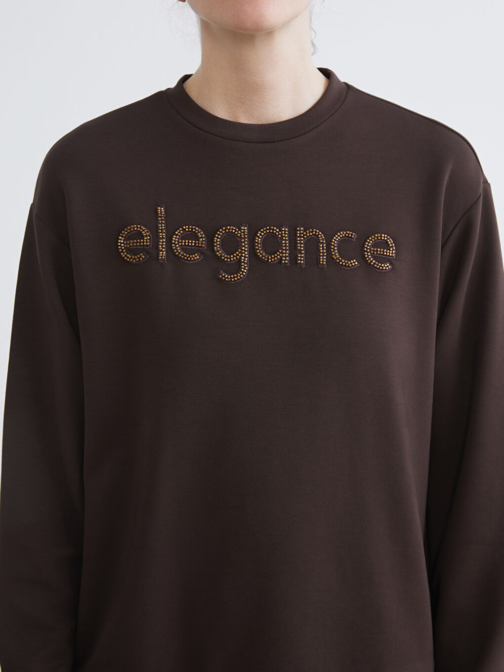 Kahverengi Bisiklet Yaka Taşlı Kadın Sweatshirt-2