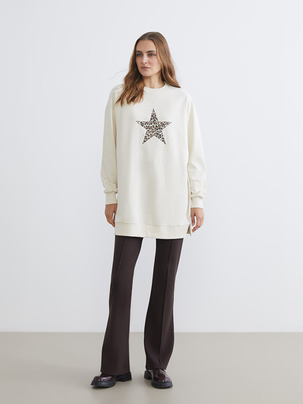 Bej Taşlı Oversize Kadın Sweatshirt Tunik-1