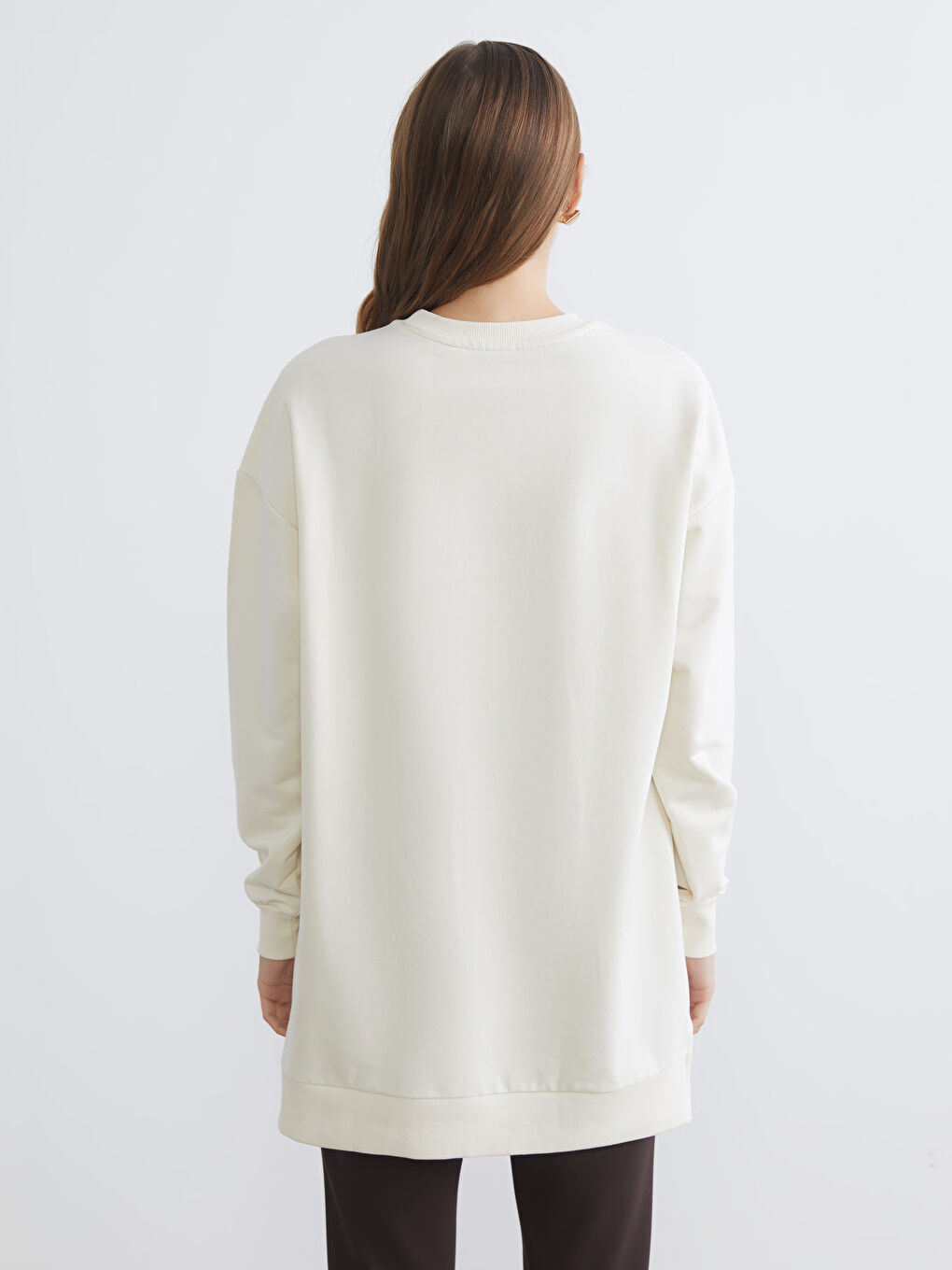 Bej Taşlı Oversize Kadın Sweatshirt Tunik-3