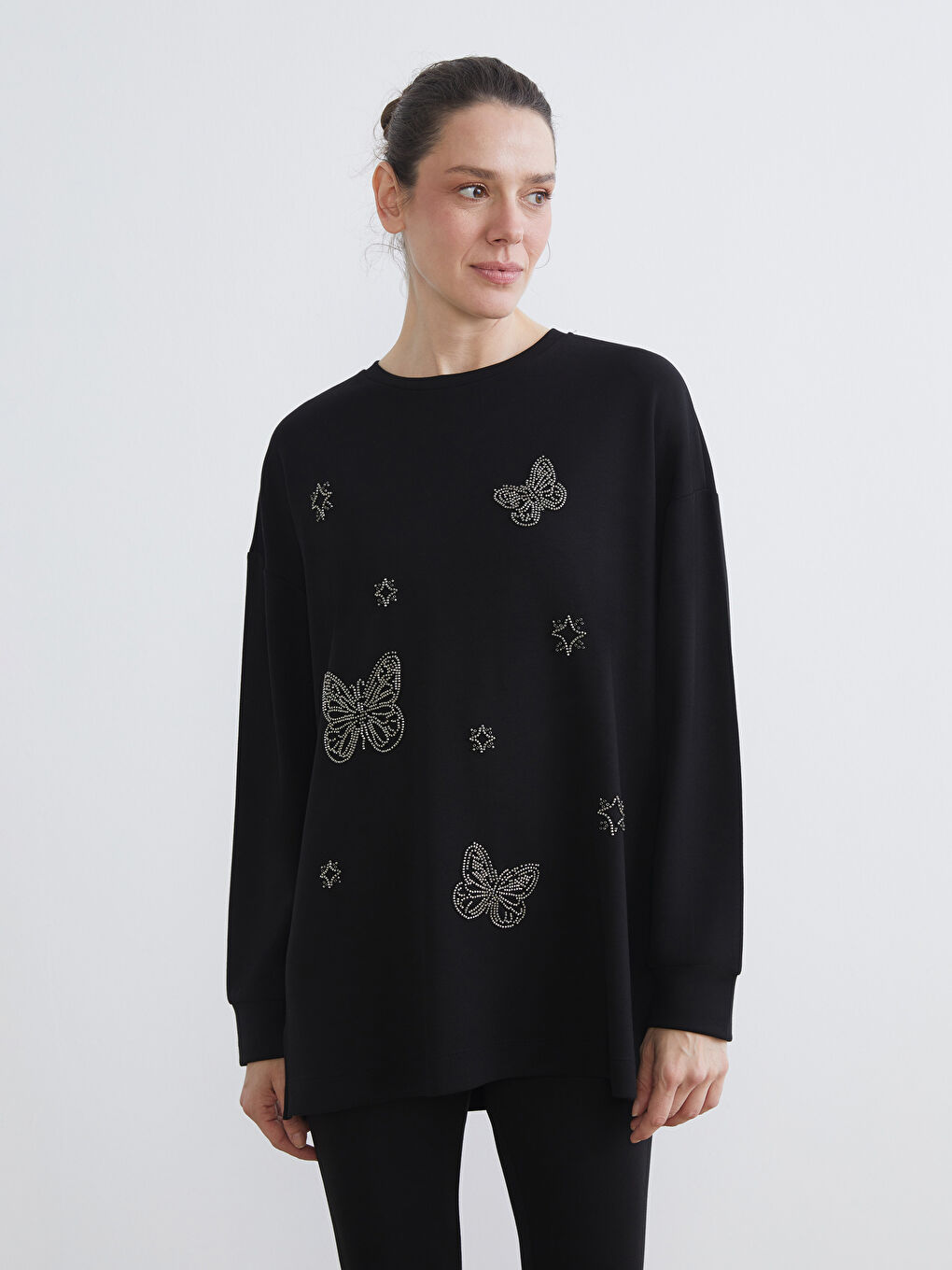 Crew Neck Rhinestone Embellished Women's Sweatshirt Tunic