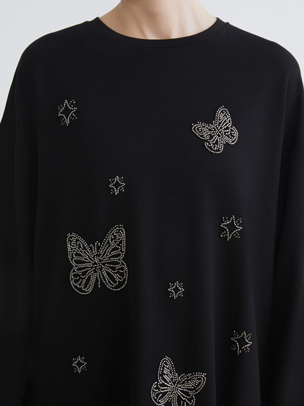 Crew Neck Rhinestone Embellished Women's Sweatshirt Tunic-3