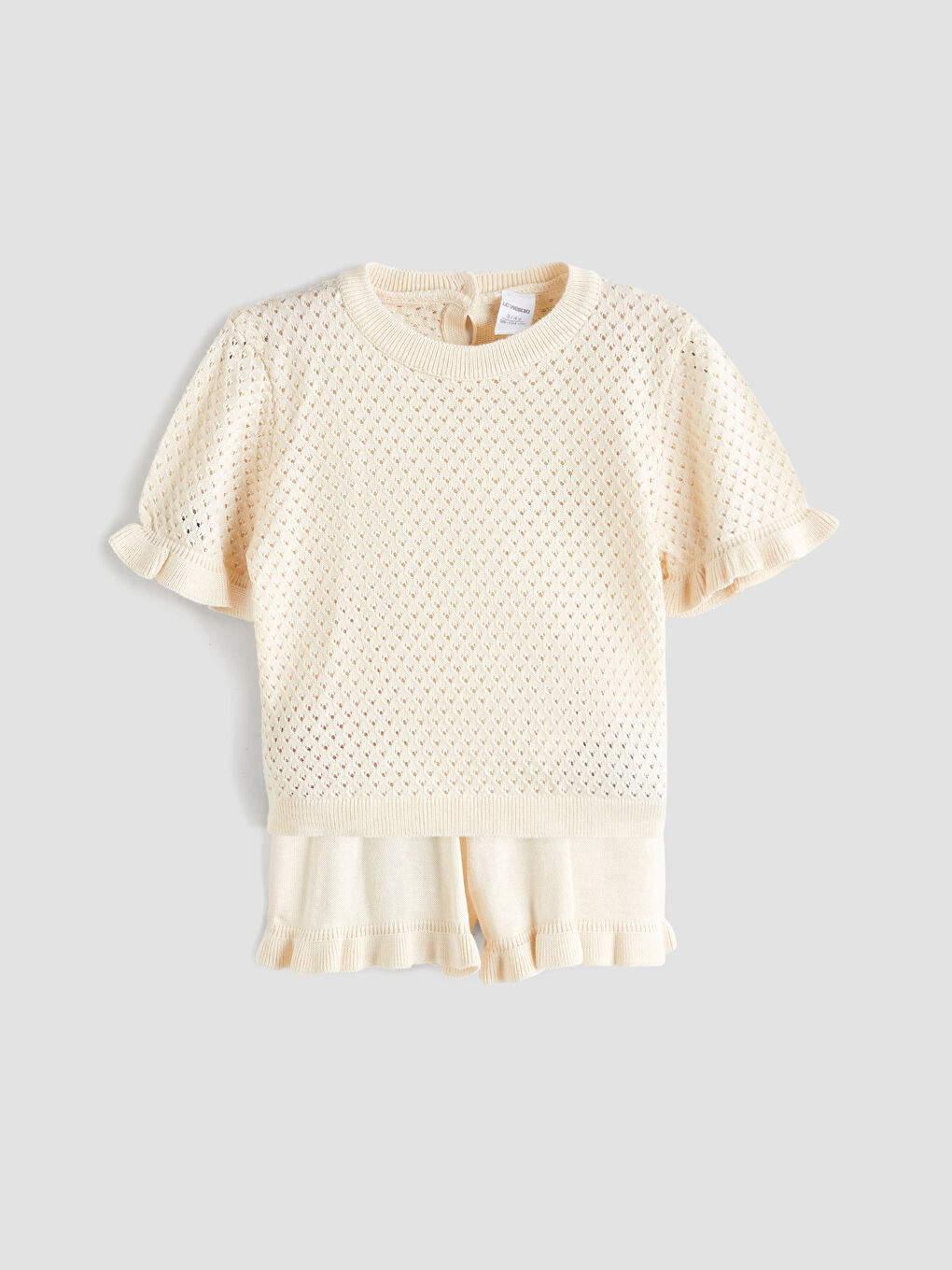 Ekru Ajurlu Fırfırlı Kız Çocuk Triko Bluz ve Şort-2