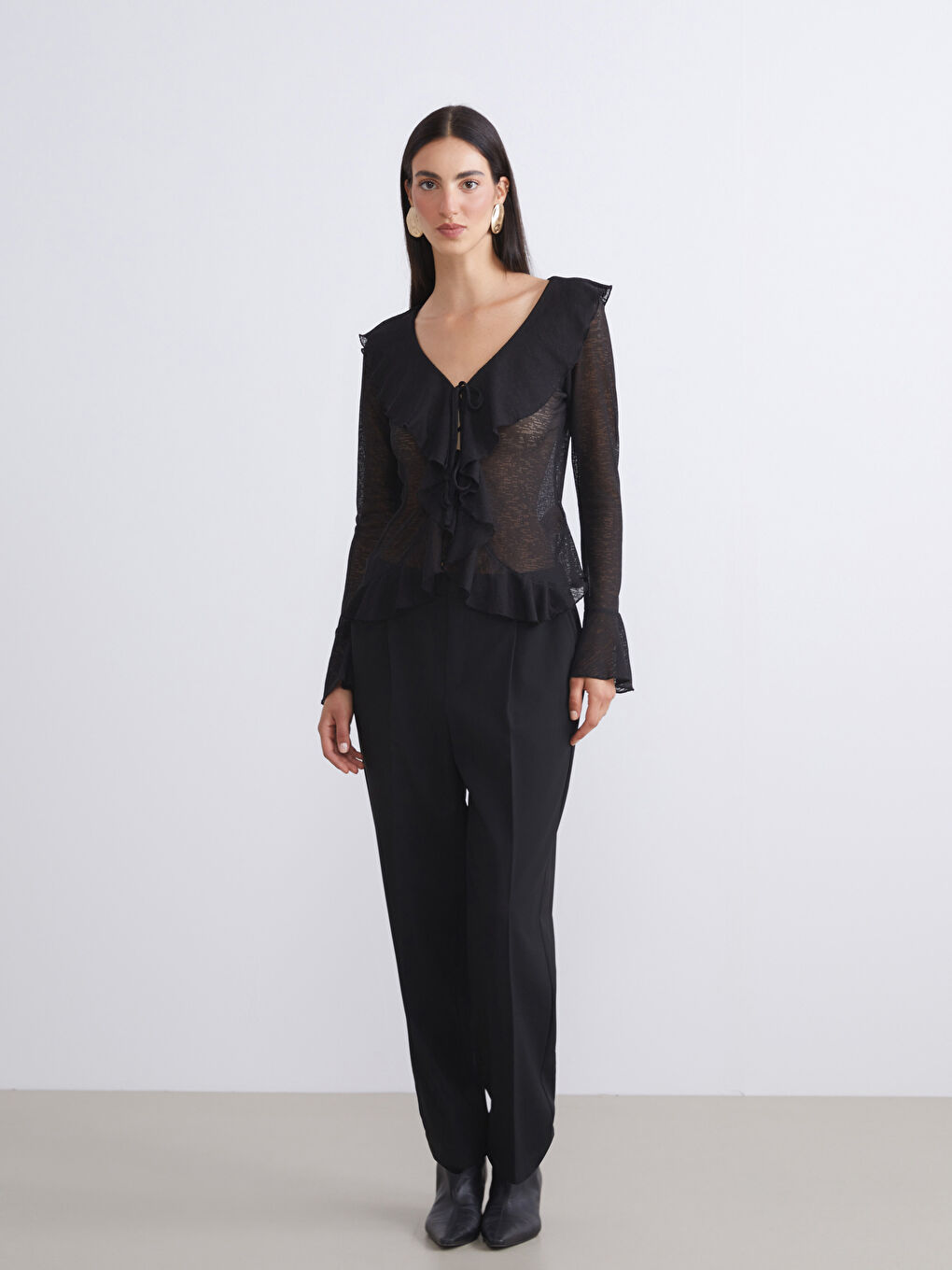 Siyah Loose Fit Kadın Pileli Pantolon