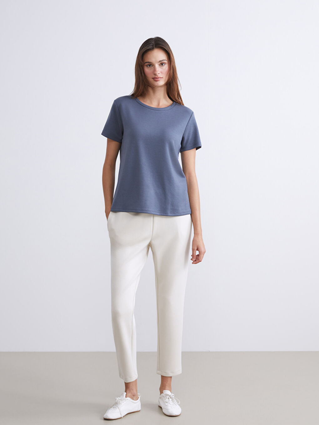 Antrasit Büyük Beden Bisiklet Yaka Kadın Tişört-3